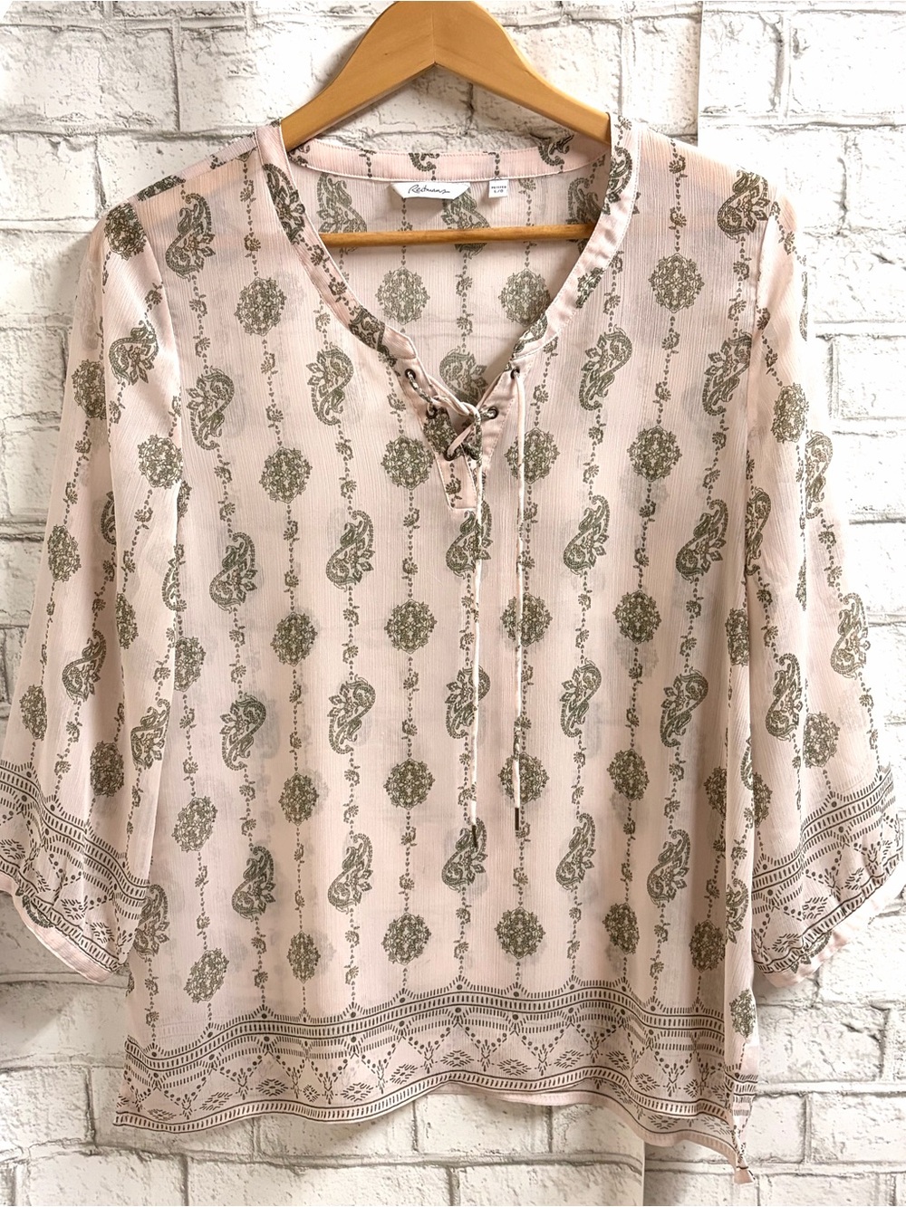 Reitmans Blush Pink Paisley Lace-Up V-Neck Tunic